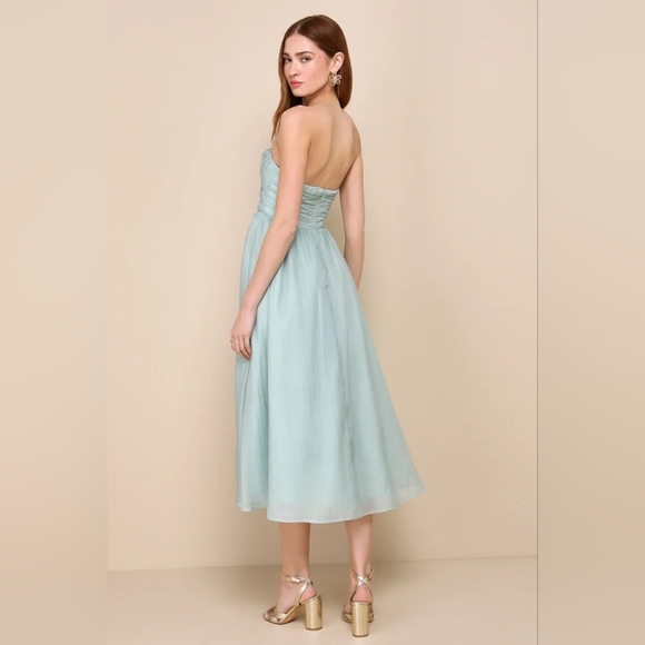 Lulus Fairytale Design Sage Green Organza Strapless A-Line Midi Dress L Wedding - Picture 5 of 9